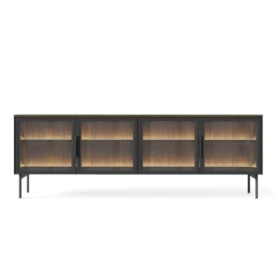 Presklený TV stolík SULIGENT - dub dunin / čierny + LED osvetlenie ZDARMA