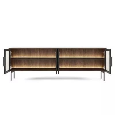 Presklený TV stolík SULIGENT - dub dunin / čierny + LED osvetlenie ZDARMA