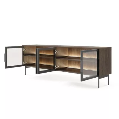 Presklený TV stolík SULIGENT - dub dunin / čierny + LED osvetlenie ZDARMA