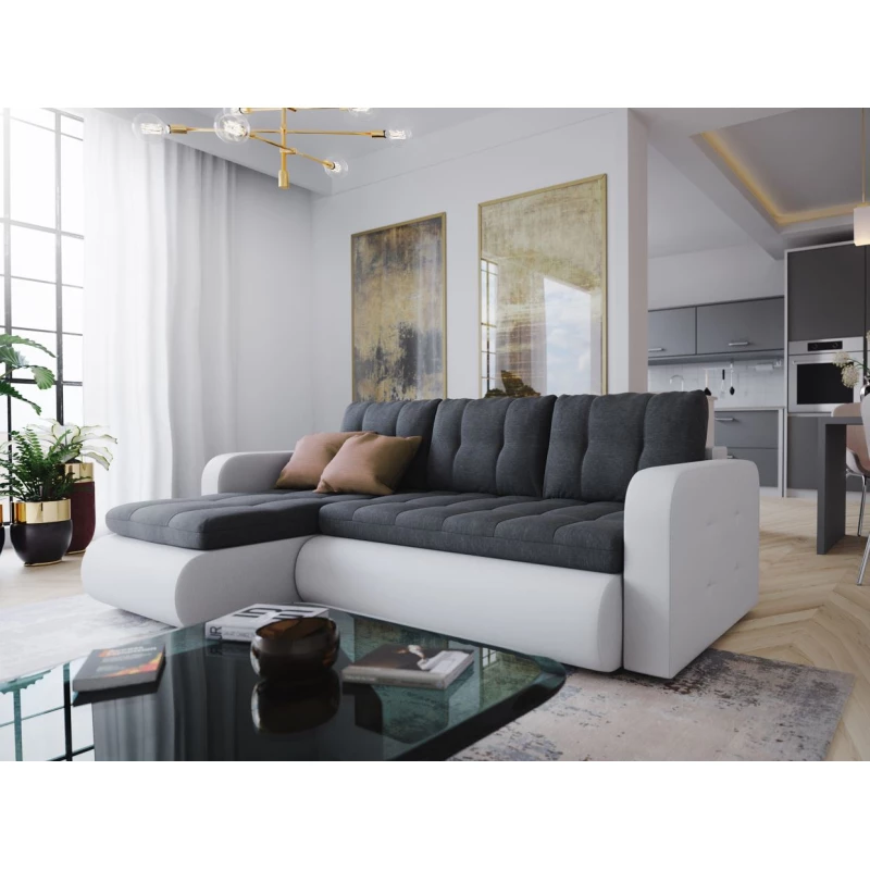 Rozkladacia sedačka s úložným priestorom SANILA - biela ekokoža / antracitová