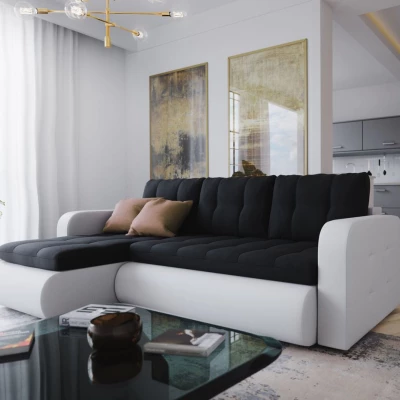 Rozkladacia sedačka s úložným priestorom SANILA - biela ekokoža / čierna