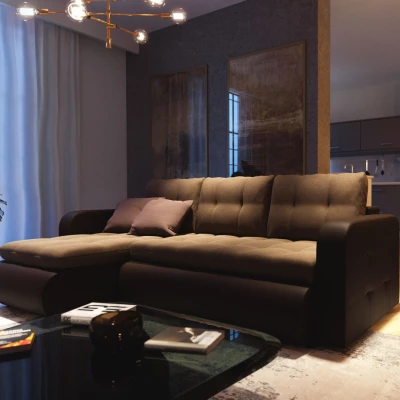 Rozkladacia sedačka s úložným priestorom SANILA - hnedá ekokoža / béžová