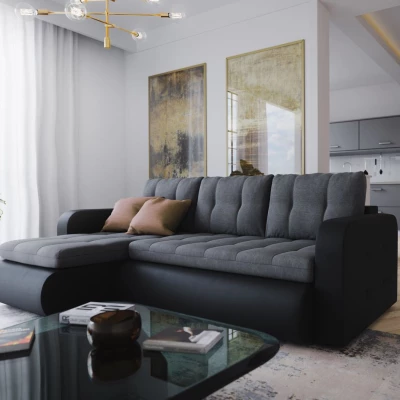 Rozkladacia sedačka s úložným priestorom SANILA - čierna ekokoža / šedá