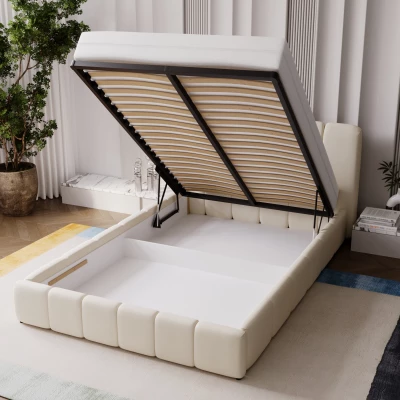 Čalúnená posteľ 140x200 FATUMATA 2 s úložným priestorom - krémová