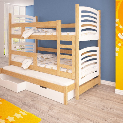 Lacné Poschodové postele z masívu s úložným priestorom: Patrová postel pro tři z masivu Nemo I - bílá