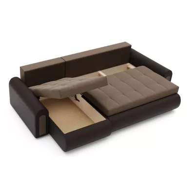 Rozkladacia rohová sedacia súprava EMBERLYN - hnedá ekokoža / béžová