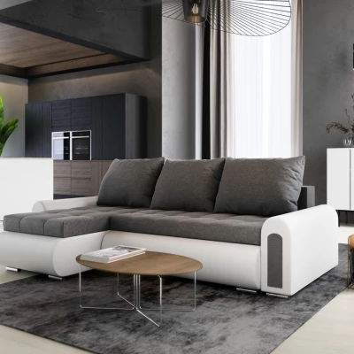 Rozkladacia rohová sedacia súprava EMBERLYN - biela ekokoža / grafitová