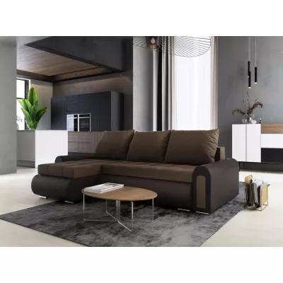 Rozkladacia rohová sedacia súprava EMBERLYN - hnedá ekokoža / béžová