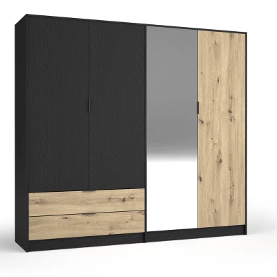 Veľká zrkadlová šatníková skriňa 221 cm SALAMINA - dub artisan / čierna grafitová