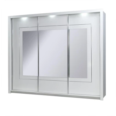 Veľká zrkadlová šatníková skriňa 208 cm PAMPLONA - alpská biela / lesklá biela + LED osvetlenie ZDARMA