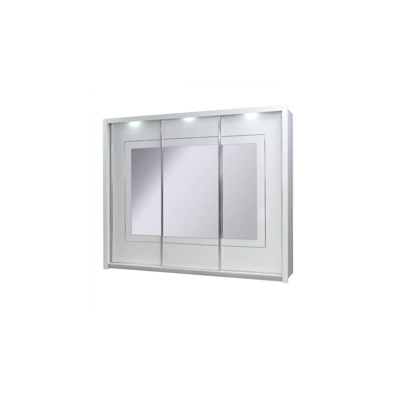 Veľká zrkadlová šatníková skriňa 208 cm PAMPLONA - alpská biela / lesklá biela + LED osvetlenie ZDARMA