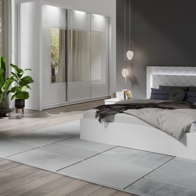 Veľká zrkadlová šatníková skriňa 208 cm PAMPLONA - alpská biela / lesklá biela + LED osvetlenie ZDARMA