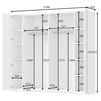 Veľká zrkadlová šatníková skriňa 220 cm TURBO - dub artisan / biela