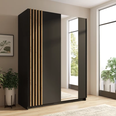Široká šatníková skriňa so zrkadlom 203 cm YUMBO - dub artisan / čierna