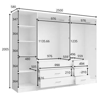 Veľká šatníková skriňa so zrkadlom 250 cm SIBATE - biela