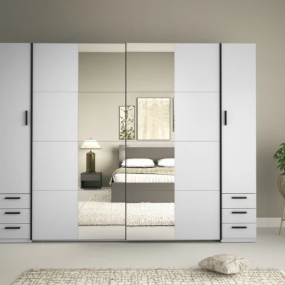 Zrkadlová šatníková skriňa 270 cm so šuplíkmi GIRADOT - biela / čierne úchyty