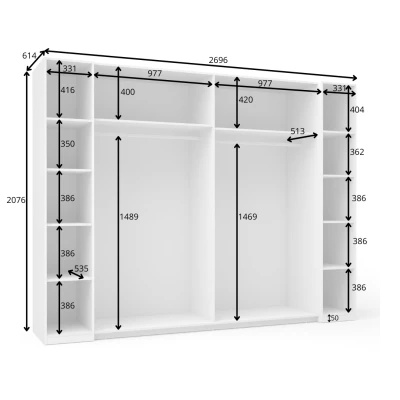 Veľká šatníková skriňa 270 cm GIRADOT - biela / strieborné úchyty