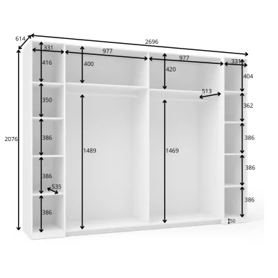 Veľká šatníková skriňa 270 cm GIRADOT - biela / strieborné úchyty