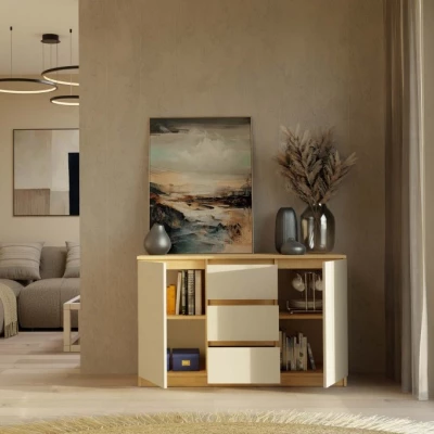 Široká komoda so šuplíkmi a dvierkami ELBE - dub artisan / kašmír