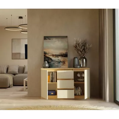 Široká komoda so šuplíkmi a dvierkami ELBE - dub artisan / kašmír