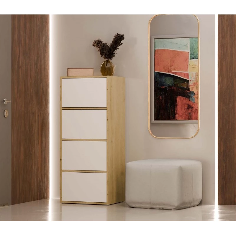 Úzka komoda s dvierkami ATALLA - dub artisan / biela