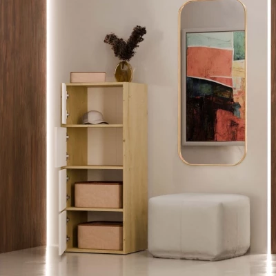 Úzka komoda s dvierkami ATALLA - dub artisan / biela