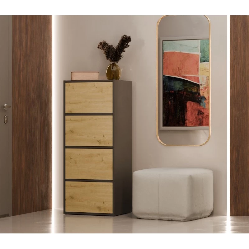 Úzka komoda s dvierkami ATALLA - antracit / dub artisan