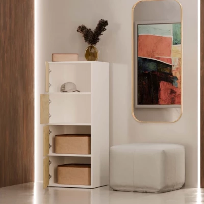 Úzka komoda s dvierkami ATALLA - biela / dub artisan