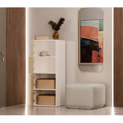 Úzka komoda s dvierkami ATALLA - biela / dub artisan