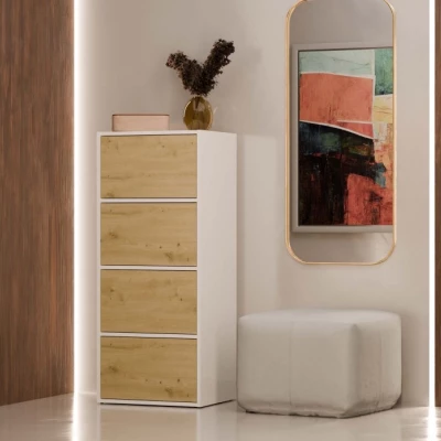 Úzka komoda s dvierkami ATALLA - biela / dub artisan