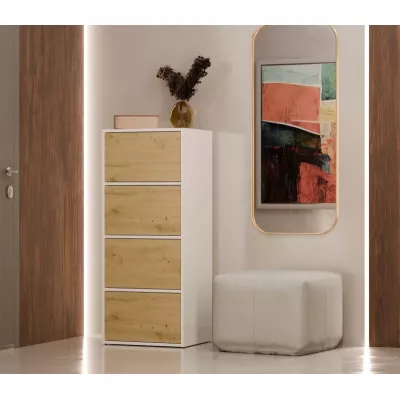 Úzka komoda s dvierkami ATALLA - biela / dub artisan