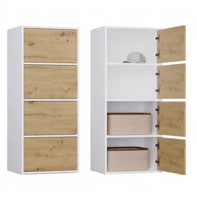 Úzka komoda s dvierkami ATALLA - biela / dub artisan