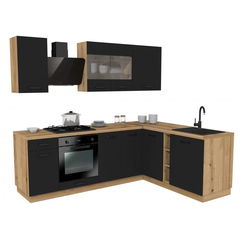 Rohová kuchynská linka 240x180 cm TAMPURI - dub evoke / čierna