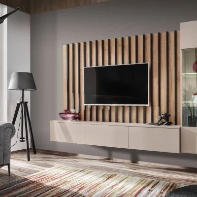 Obývacia stena CECILIA s LED osvetlením - kašmír / dub artisan / čierna