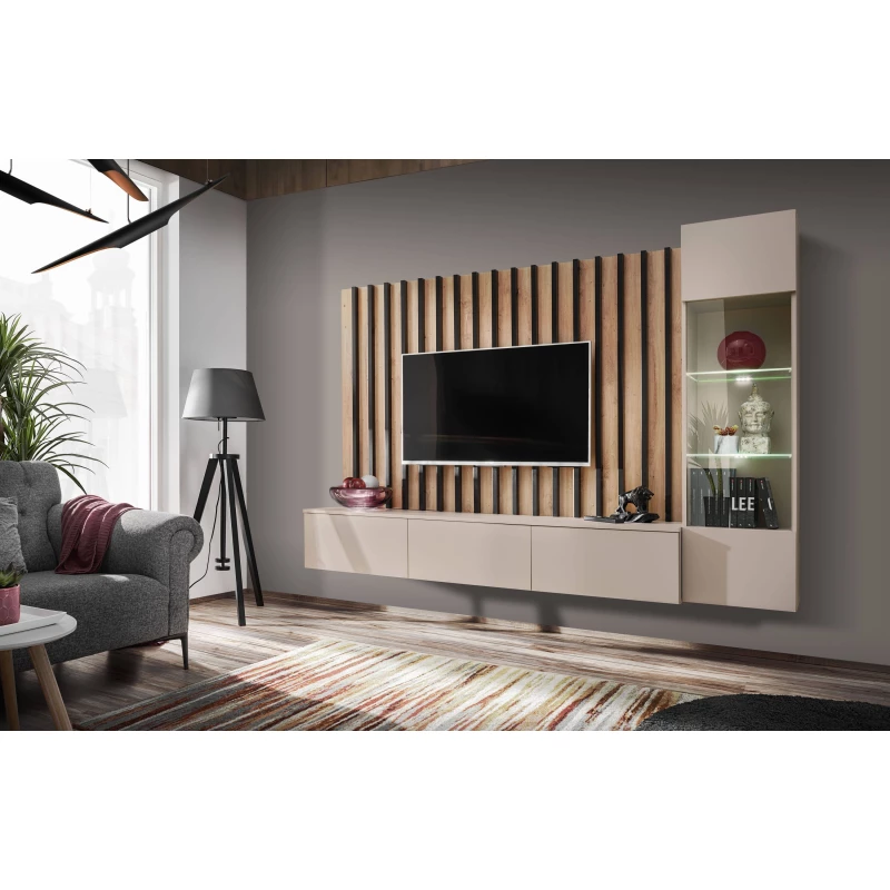 Obývacia stena CECILIA s LED osvetlením - kašmír / dub artisan / čierna