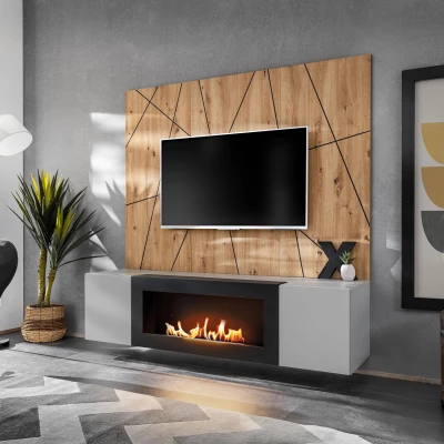 Stena do obývacej izby SHIRIKI s biokrbom - perlovo šedá / dub artisan / čierna