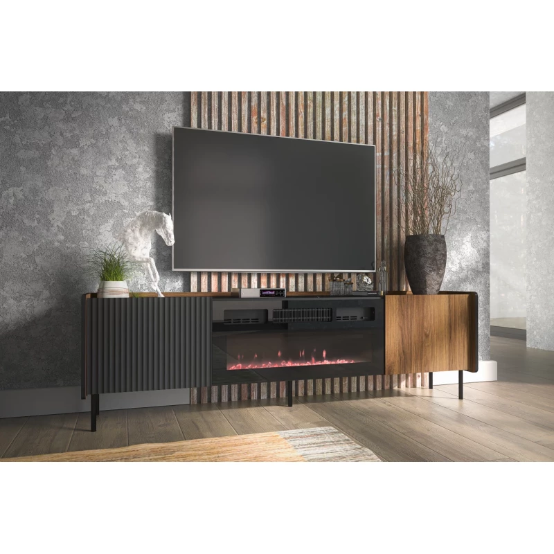 TV stolík s elektrickým krbom ASHEBORO - orech / san sebastian / čierny