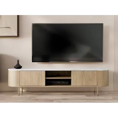 Široký TV stolík TANGIER - dub cremona / čierny mramor / zlatý