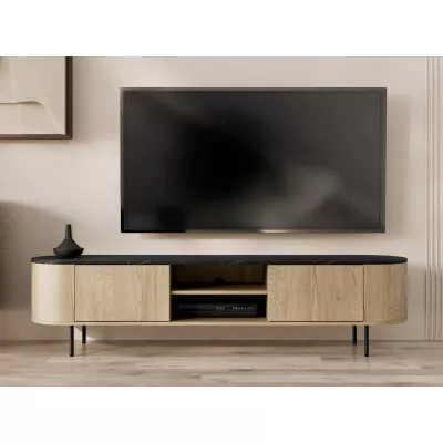 Široký TV stolík TANGIER - dub cremona / čierny mramor / čierny