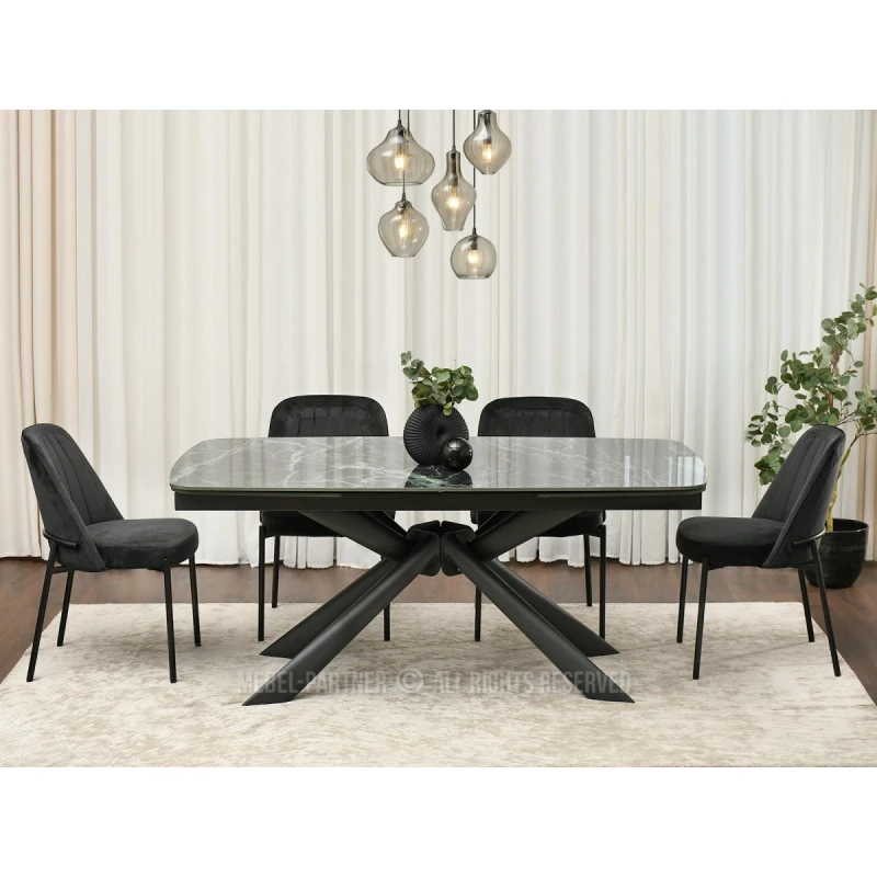 Rozkladací jedálenský stôl 180(280)x98 NODIN - zelený mramor / čierny