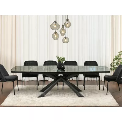 Rozkladací jedálenský stôl 180(280)x98 NODIN - zelený mramor / čierny