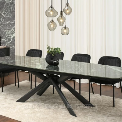 Rozkladací jedálenský stôl 180(280)x98 NODIN - zelený mramor / čierny