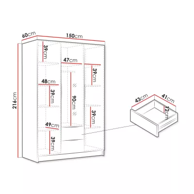 Vysoká šatníková skriňa 150 cm so zrkadlom MARILA - biela / čierna