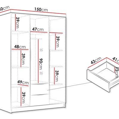 Vysoká šatníková skriňa 150 cm so zrkadlom MARILA - kašmír / zlatá