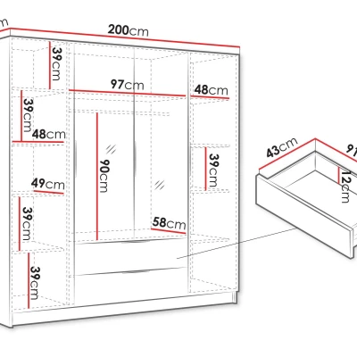 Veľká šatníková skriňa 200 cm so zrkadlom BETILA - dub cremona / zlatá