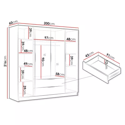 Veľká šatníková skriňa 200 cm so zrkadlom BETILA - dub cremona / zlatá