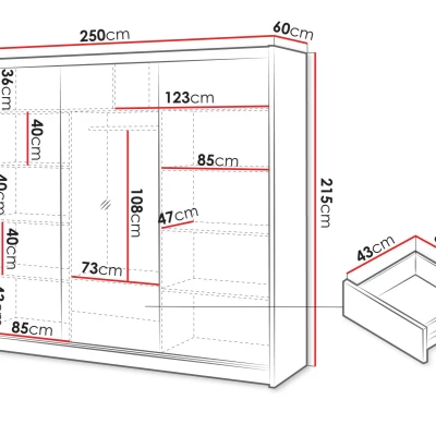 Veľká zrkadlová šatníková skriňa 250 cm KALFA - dub wotan / biela