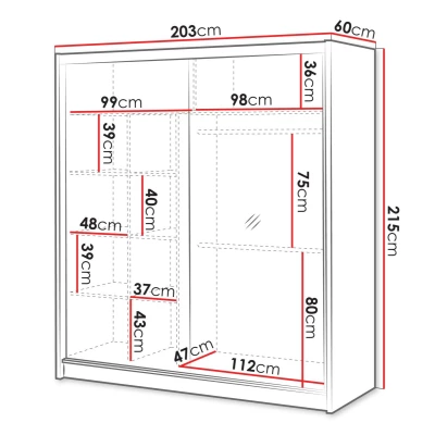 Zrkadlová šatníková skriňa 203 cm KALFA - dub wotan / biela