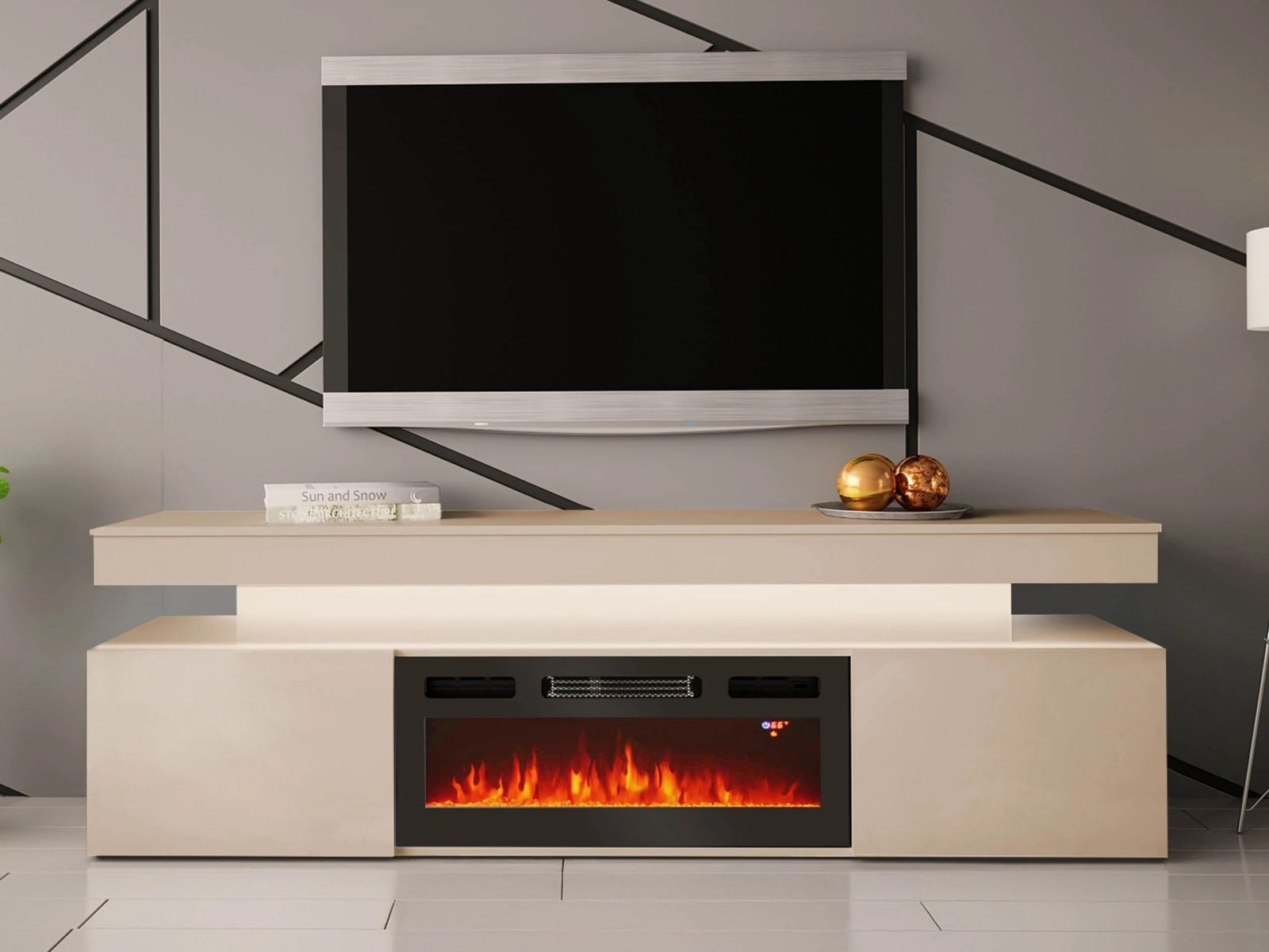 Fotografia produktu: TV stolík s elektrickým krbom HYDA - pieskový béžový + LED osvetlenie ZDARMA