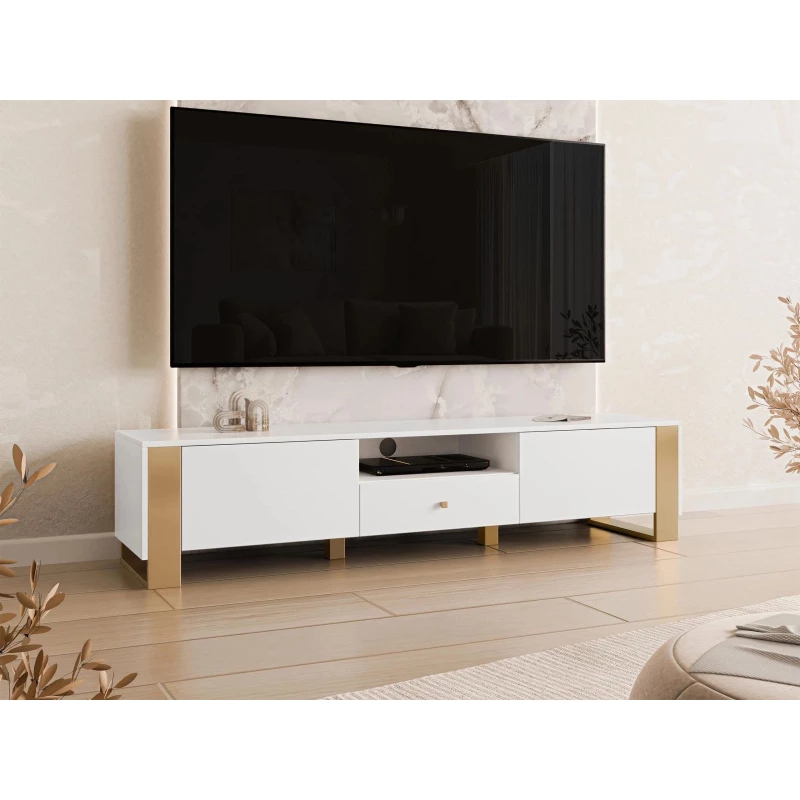 Široký TV stolík LUMOS - zlatý / biely
